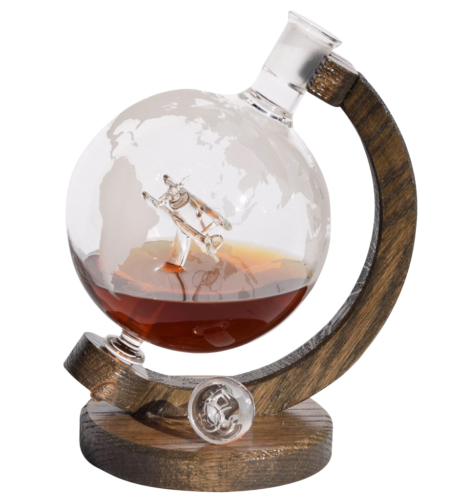 Etched Glass Globe Decanter with Sopwith Camel