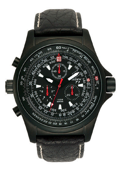 Torgoen T1 Flight Computer Watch - Black Leather, Black Case, Black Face