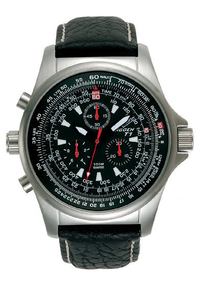 Torgoen T1 Flight Computer Watch - Black Leather, Silver Case, Black Face
