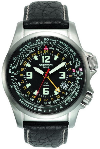 Torgoen T6 E6B/Zulu Time Watch - Black Leather, Silver Case, Black Face