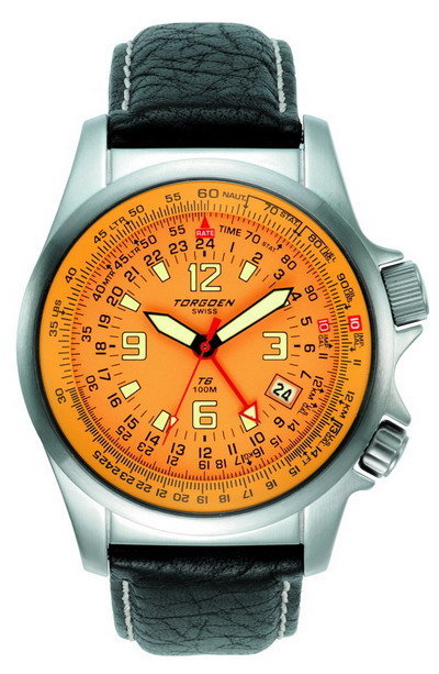 Torgoen T6 E6B/Zulu Time Watch - Black Leather, Silver Case, Orange Face