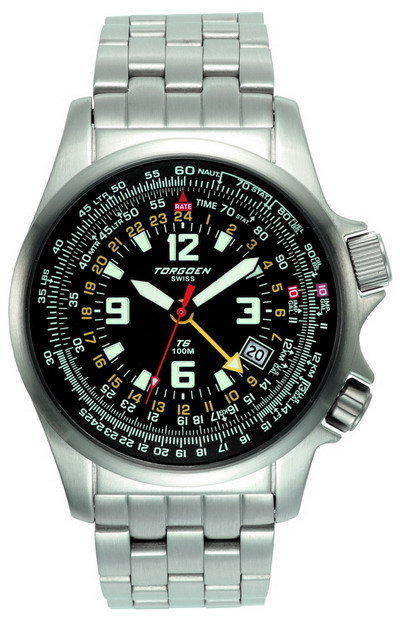 Torgoen T6 E6B/Zulu Time Watch - Steel Bracelet, Black Face
