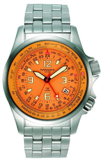 Torgoen T6 E6B/Zulu Time Watch - Steel Bracelet, Orange Face