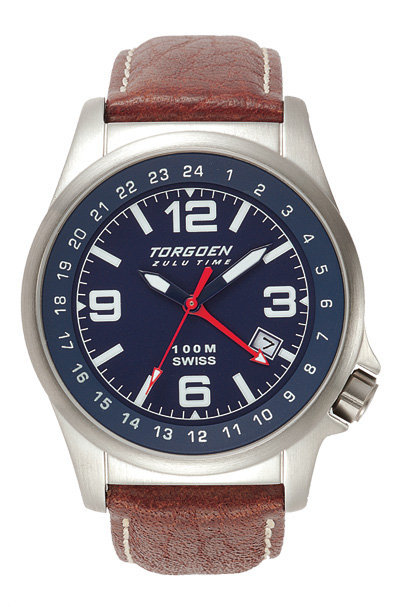 Torgoen T5 Zulu Time Watch - Brown Leather, Silver Case, Blue Face