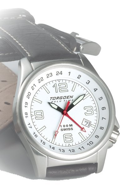 Torgoen T5 Zulu Time Watch - Black Leather, Silver Case, White Face