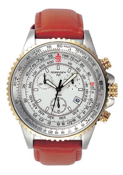 Torgoen T2 Flight Computer Watch - Tan Leather, Silver/Gold Case, White Face