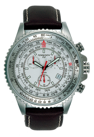 Torgoen T2 Flight Computer Watch - Black Leather, Silver Case, White Face