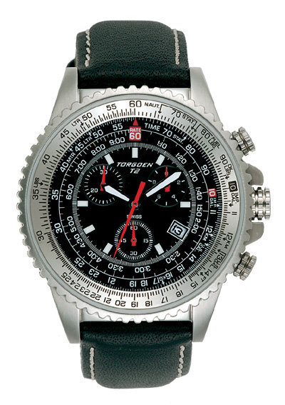 Torgoen T2 Flight Computer Watch - Black Leather, Silver Case, Black Face