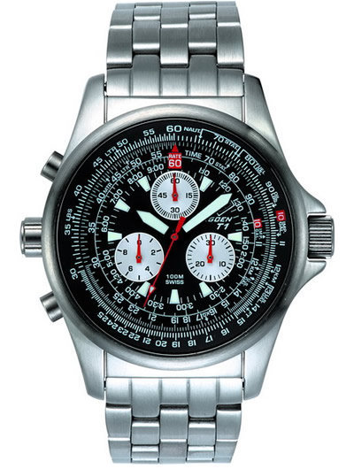 Torgoen T1 Flight Computer Watch - Steel Bracelet, Black Face