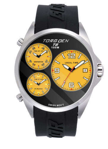 Torgoen T8 Zulu Time Watch Model, Black Polyurethane Strap, Yellow Dials