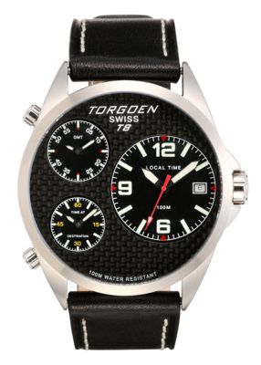 Torgoen T8 Zulu Time Watch  - Black Leather Strap, Steel Case, Black Face